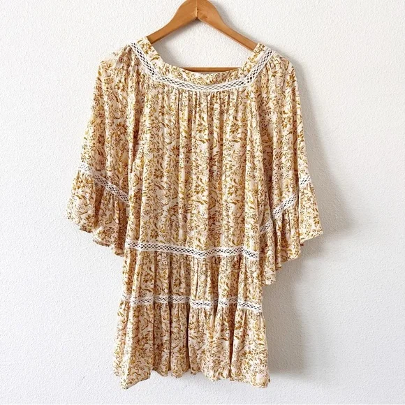 Free People Talk About It Lattice Trim Boho Floral Pintuck Yellow - Picture 8 of 9